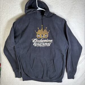 Vintage Bud Budweiser Racing Sweatshirt Hoodie Mens XXL 2XL Black Faded Y2K Beer